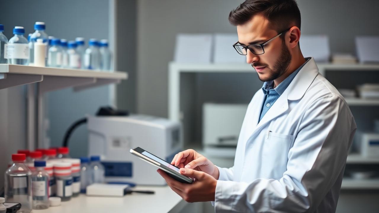 Clinical laboratory technician reviewing compliance reports