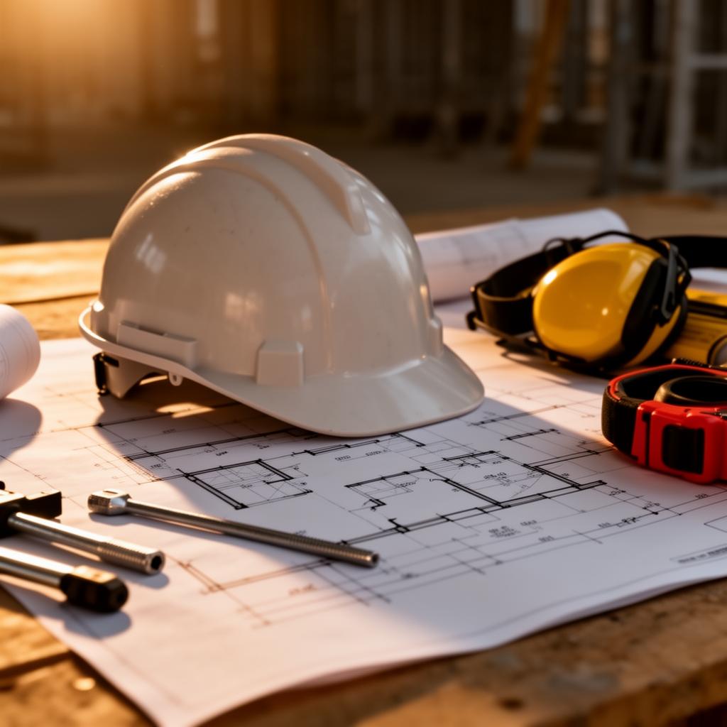Construction site with safety equipment and clipboard