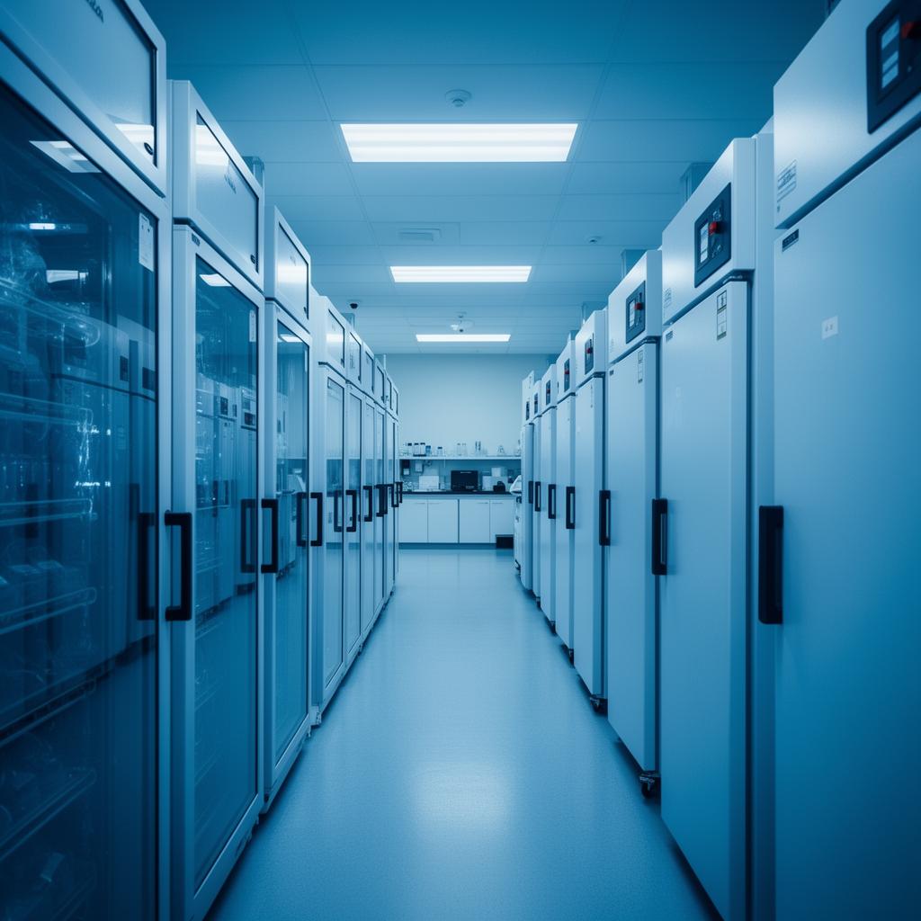 Row of ultra-low freezers in a core research facility