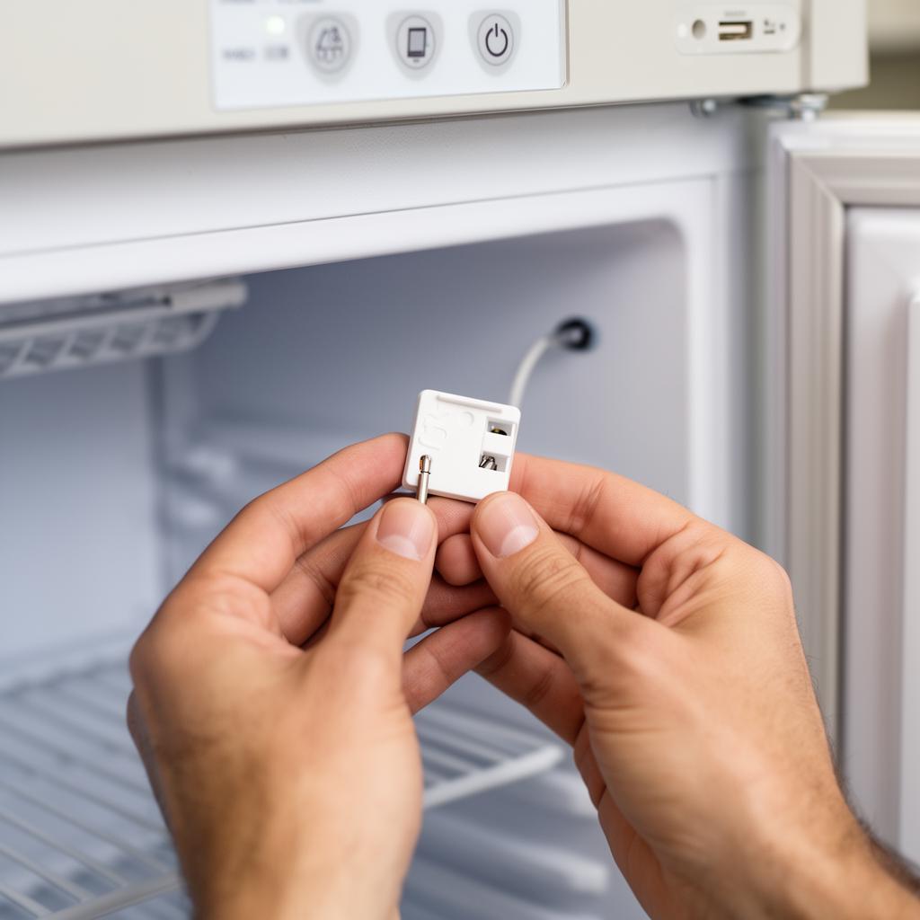 Technician installing a temperature probe on a lab freezer