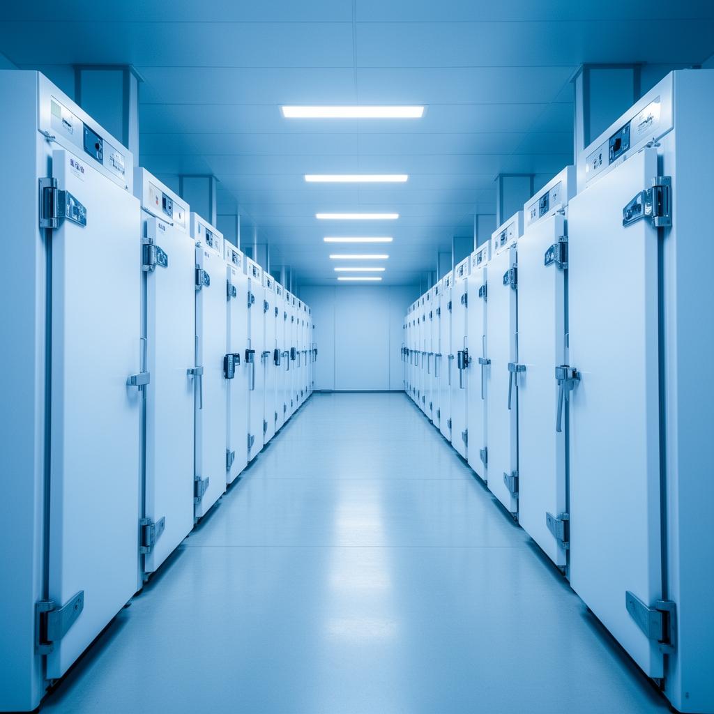 Large room filled with ultra-low temperature freezers