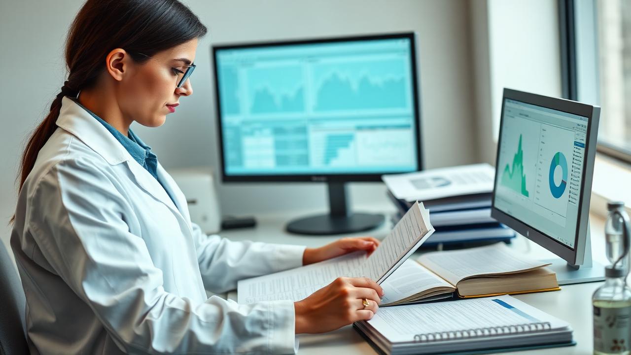 Researcher reviewing lab data records