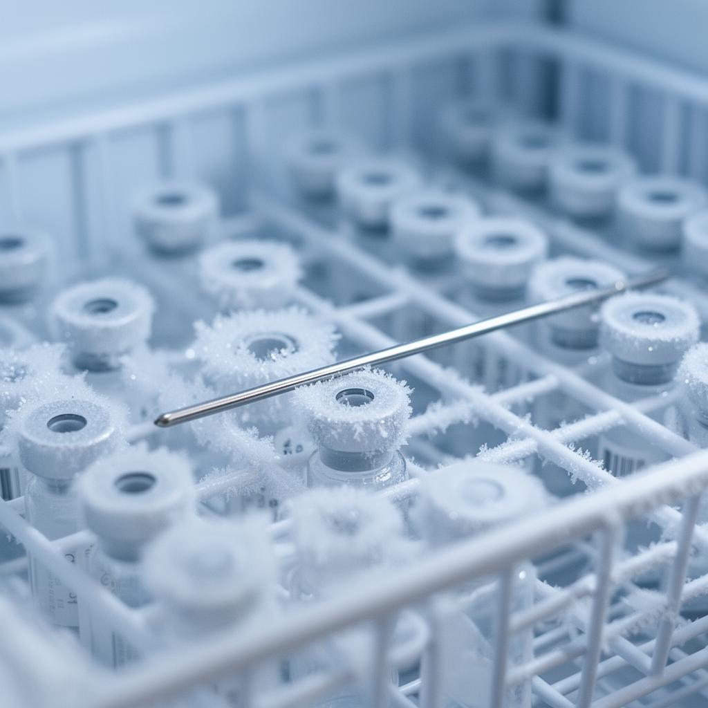Researcher placing a temperature probe inside a lab freezer