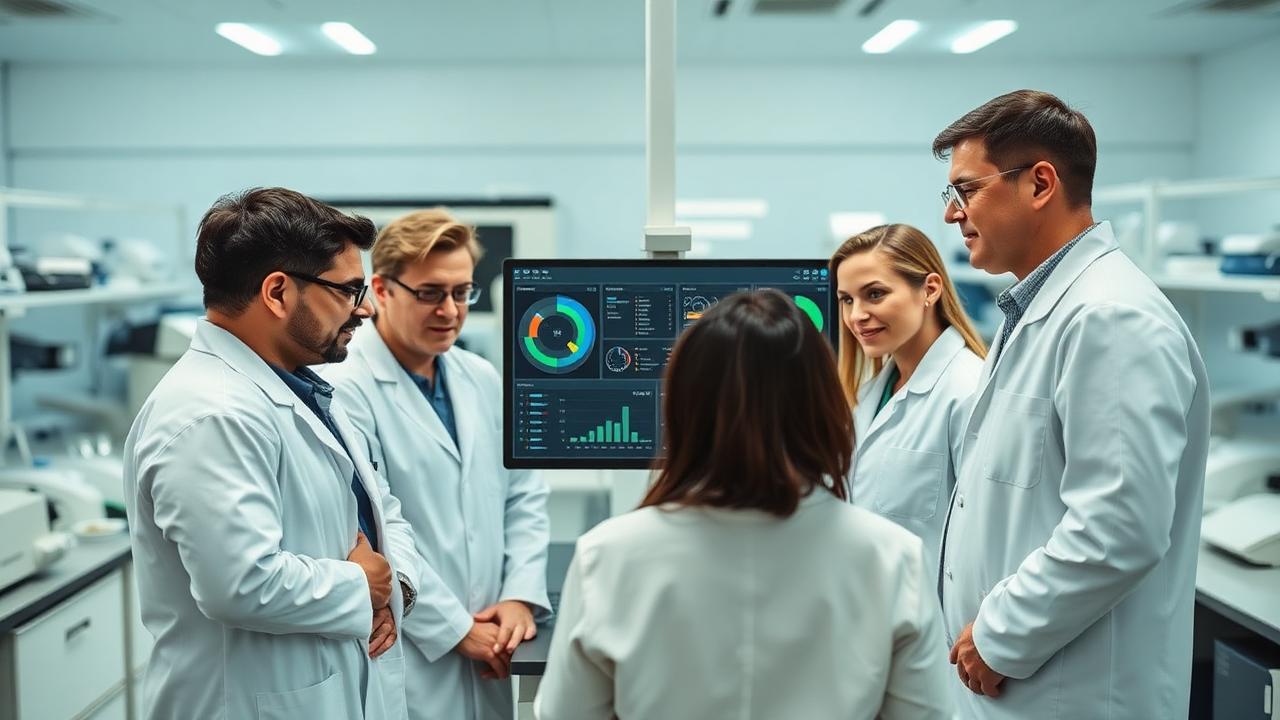 Lab team members coordinating around shared equipment
