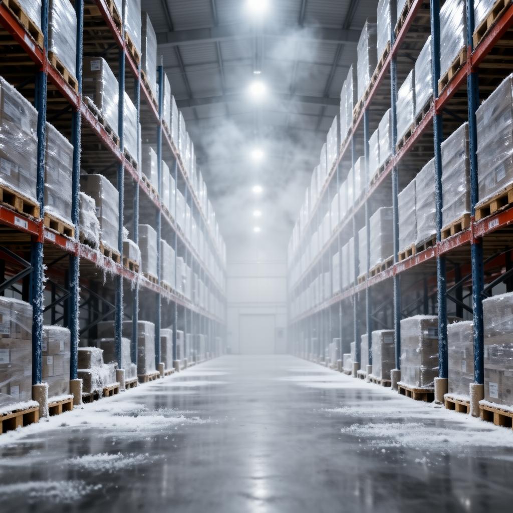 Wide warehouse interior with temperature sensors
