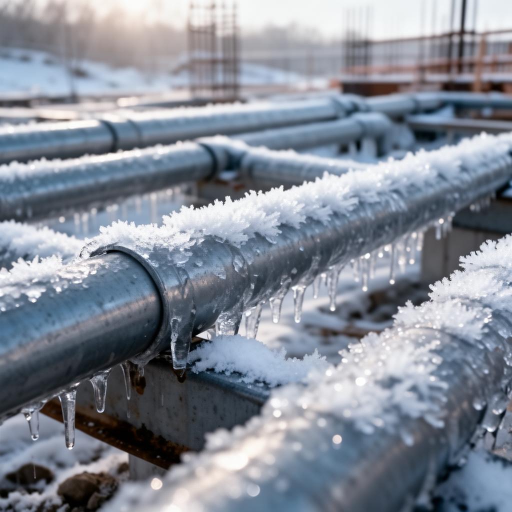 Frozen pipes on a winter construction site